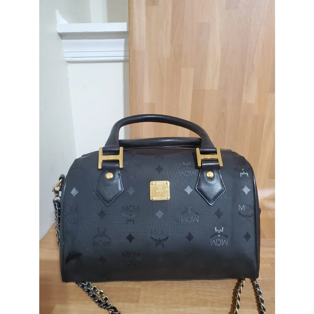MCM Signature Visetos Monogram Boston Bag with Strap
